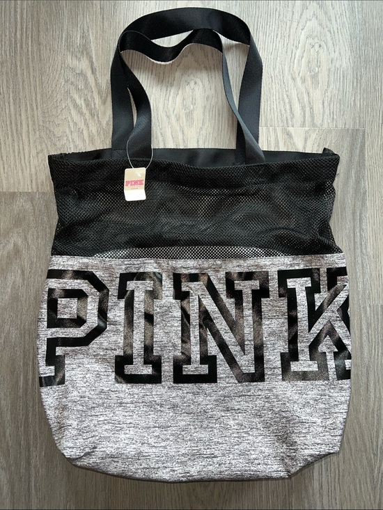 PINK Victoria's Secret Handbags - NWT PINK Victoria's Secret Grey & Black Mesh Logo Tote